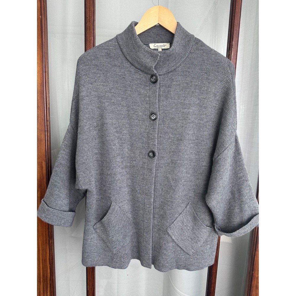Cocogio Italy Merino Wool Cardigan Sweater Grey Mock Neck Button Front L *hole